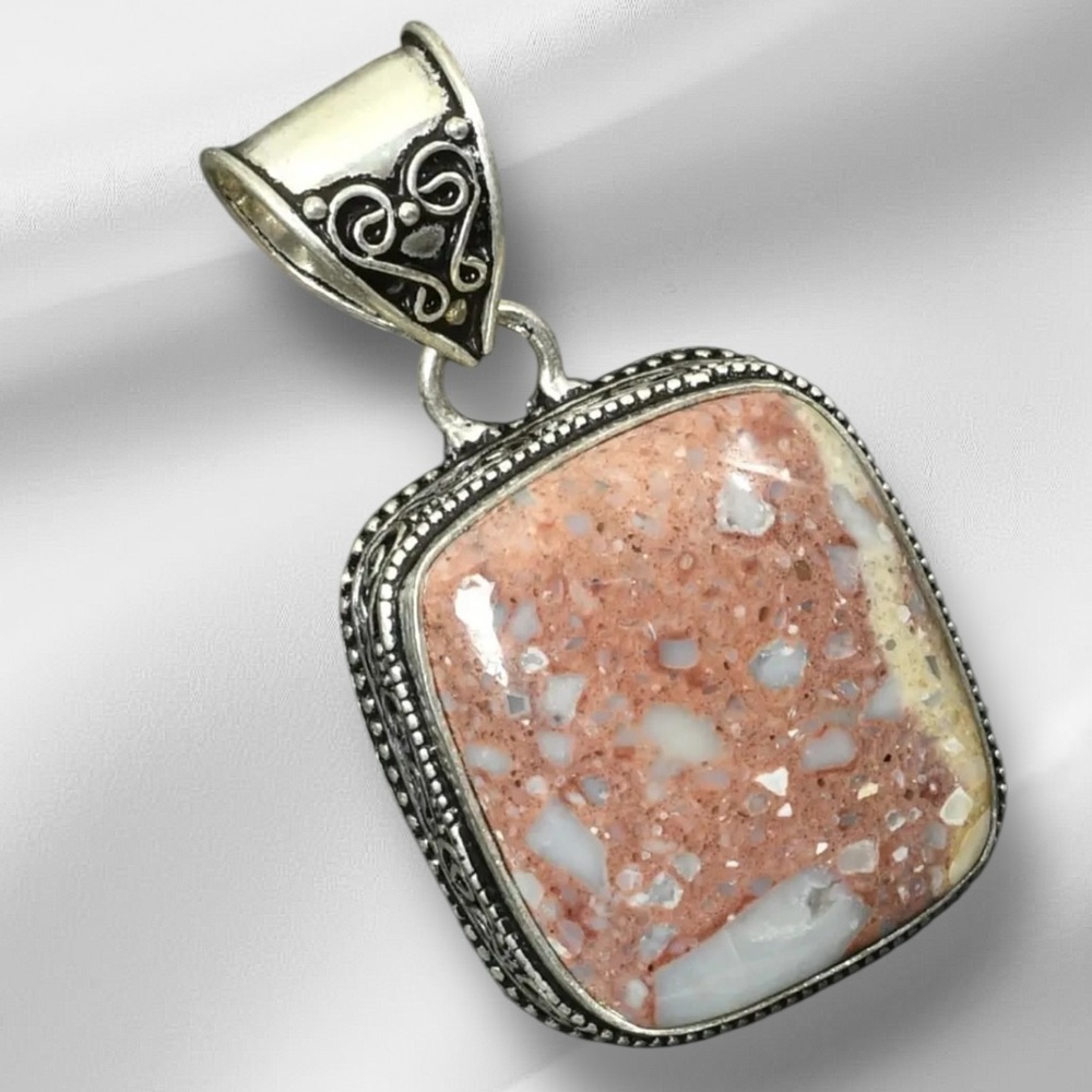 Artisan NORINA JASPER Earth-tone Pendant in Silver-Tone Filigree Hand Crafted